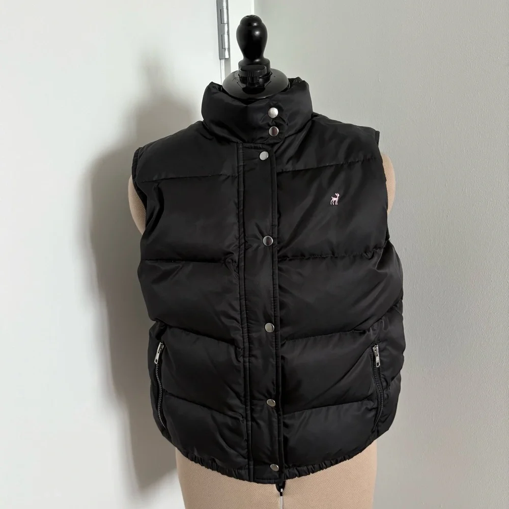 VTG Old Navy Womens Teen Puffer Vest Size Large Black Pink Down Feathers Comfy